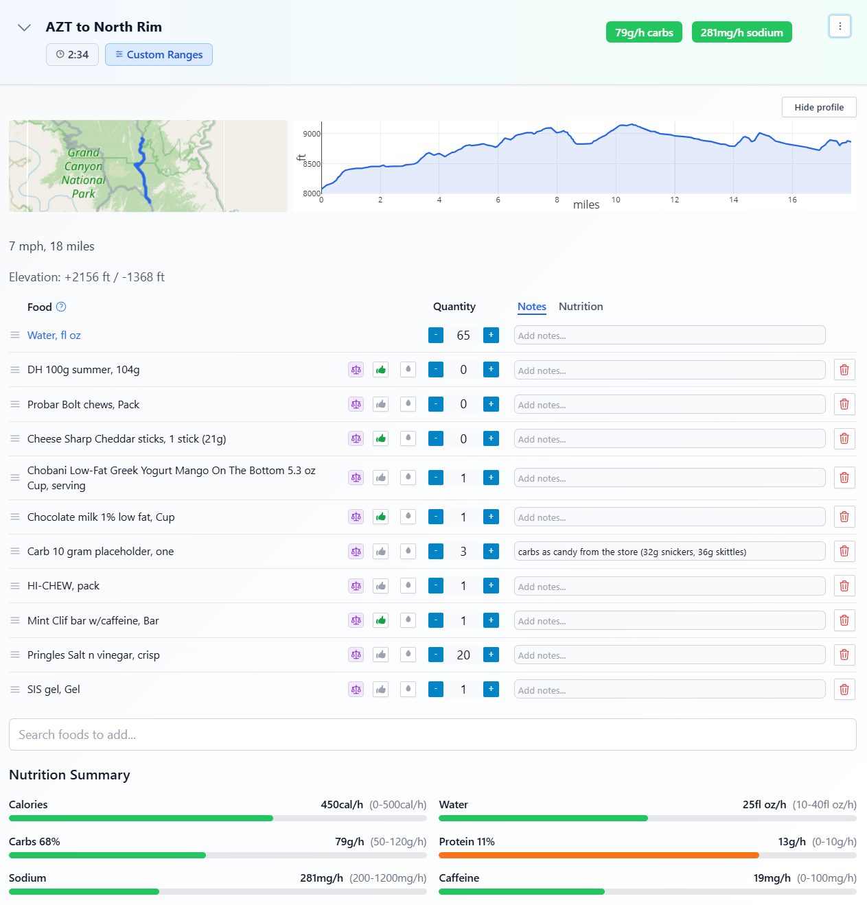 FuelSport segment planning view showing map, elevation profile, food list, and nutrition summary