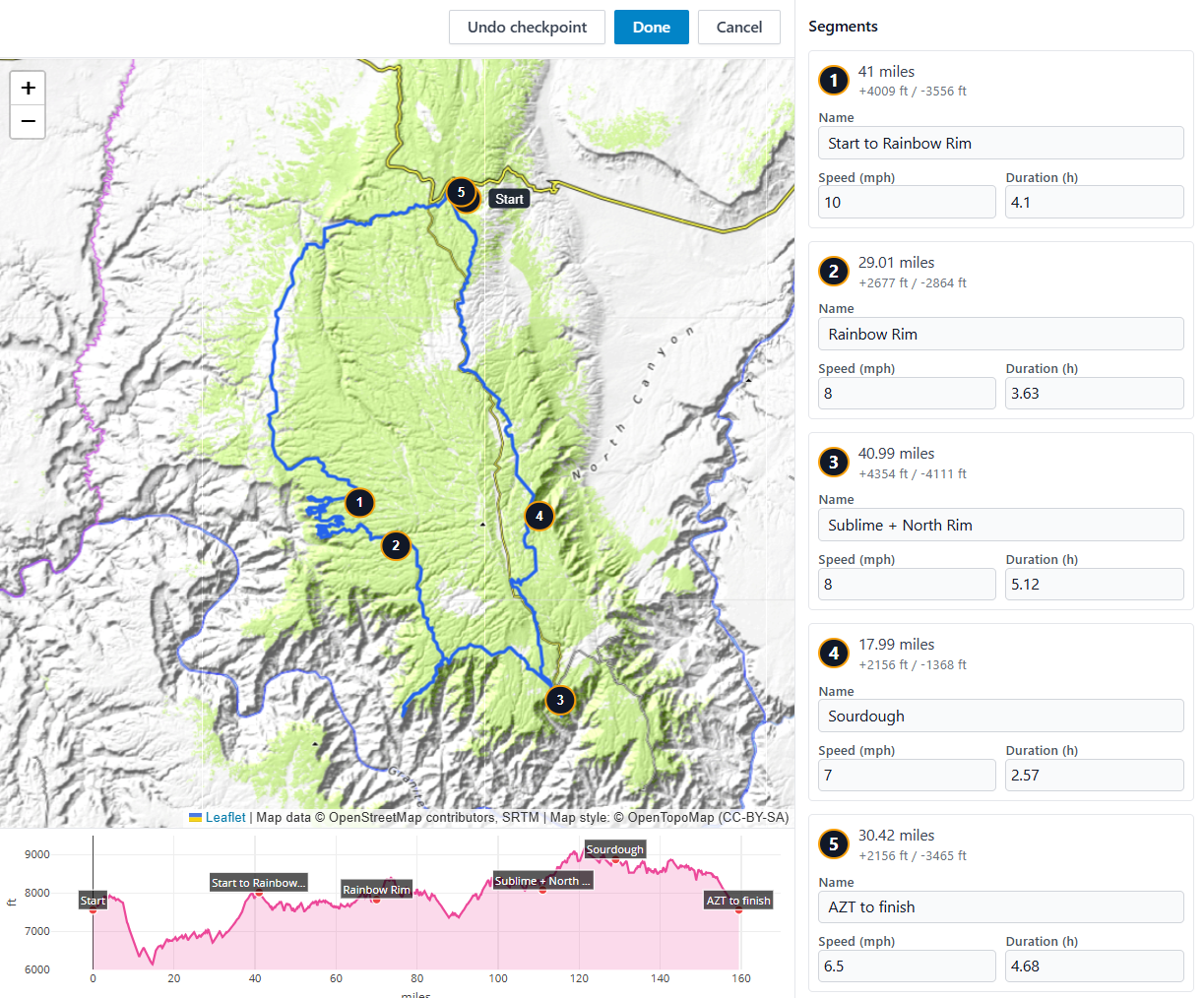 GPX route segmentation with map, elevation profile, and segment markers
